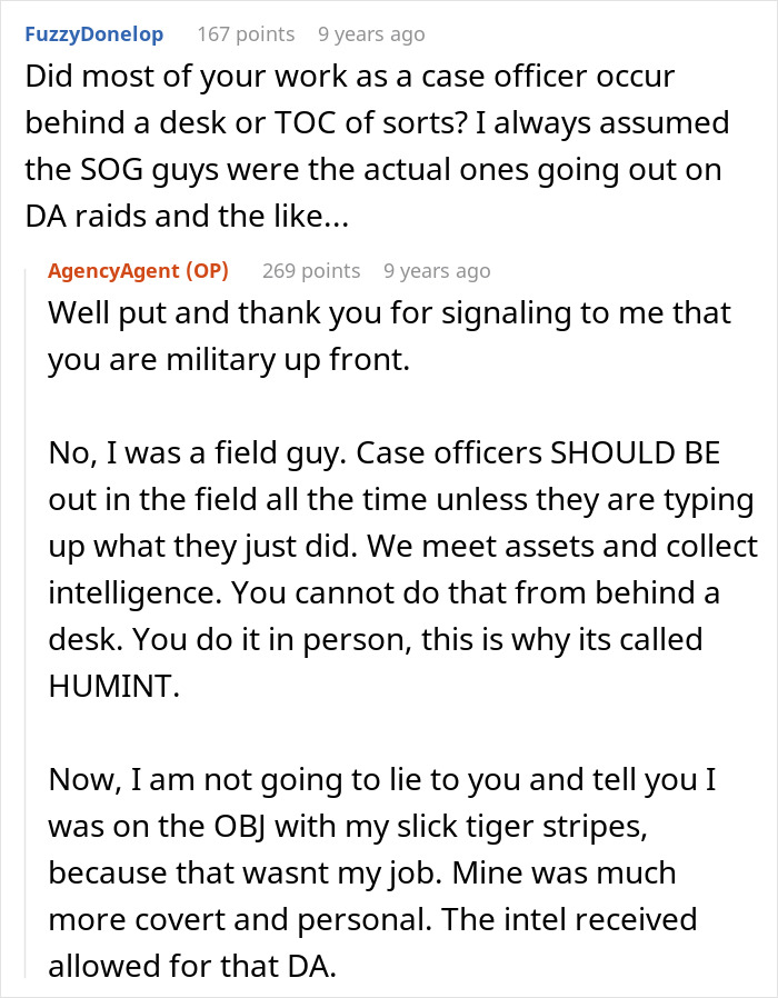 Reddit Q&A with a former CIA case officer discussing fieldwork and intelligence gathering beyond desk duties.