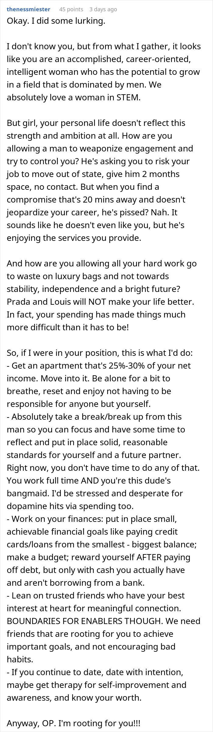 Screenshot of an online advice post discussing a boyfriend giving a girlfriend up to a year to fix finances.