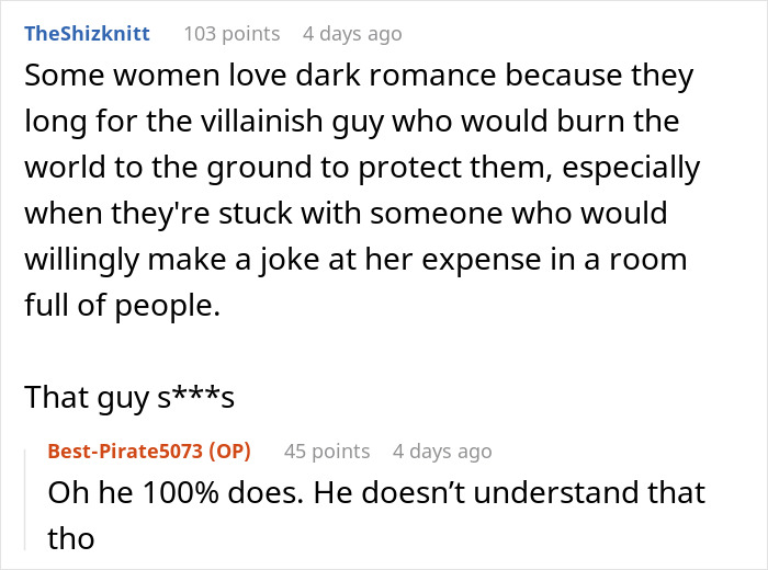 Alt text: Online discussion about woman&rsquo;s enjoyment of spicy books causing a stir and embarrassment at a party.