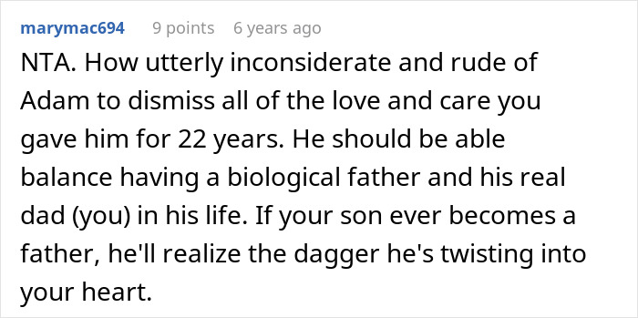 Comment discussing drama over last name and complex relationship between bio dad and father figure in a family dispute.