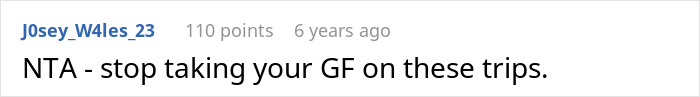 Comment on Reddit showing user advising to stop taking girlfriend on trips, expressing annoyed partner and mute music frustration.