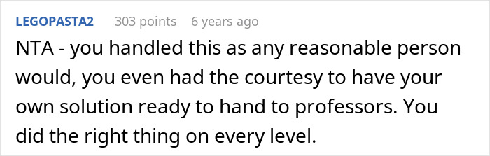 Screenshot of an online comment praising a colorblind student for addressing a professor&rsquo;s disregard of her special needs.