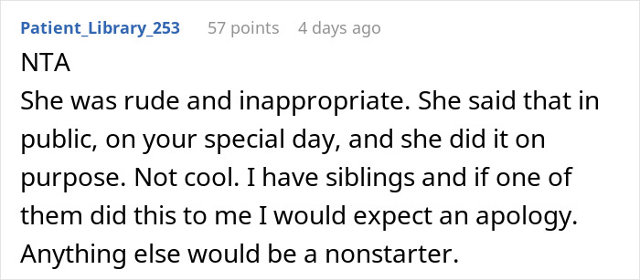 Screenshot of a forum comment discussing a woman firing back after her sister insults her, causing confusion.
