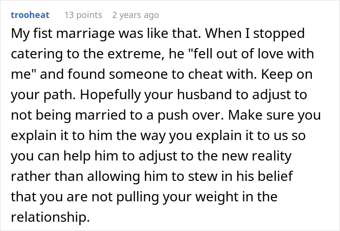 Comment about man taking advantage of wife&rsquo;s submissive nature and her standing up for herself in a relationship.