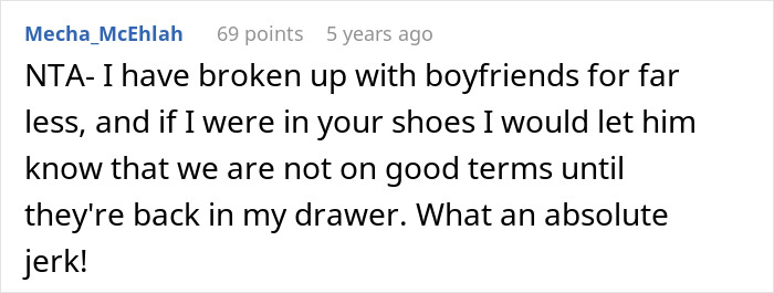 Comment on relationship breakup mentioning letting trashed boyfriend know about ruined sock collection and bad terms.