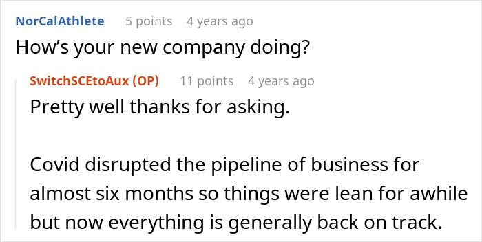 Reddit conversation showing an employee discussing business challenges and recovery amid Covid disruptions.
