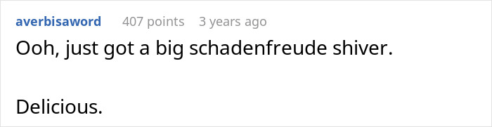 Screenshot of a forum comment expressing schadenfreude, related to a woman leaving fianc&eacute; over boyfriend story.