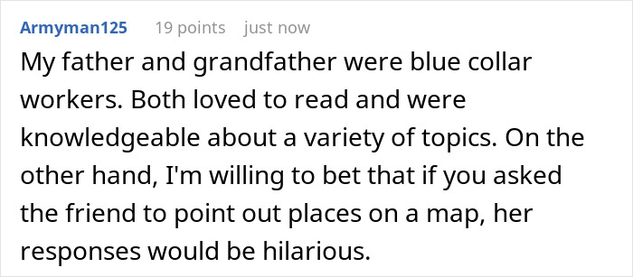 Screenshot of a user comment discussing blue collar workers and highlighting the value of working with hands in a thoughtful context.