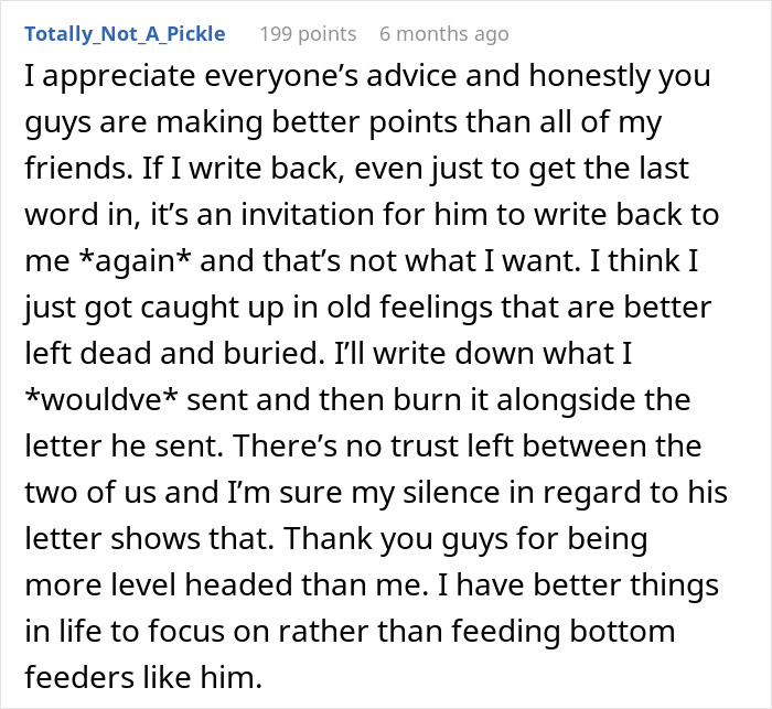 Text post about dealing with a cheating ex who breaks her heart, vanishes, and keeps reappearing as she moves on.