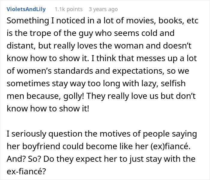 Text excerpt about a woman questioning staying with her fianc&eacute; over her boyfriend in a relationship discussion.