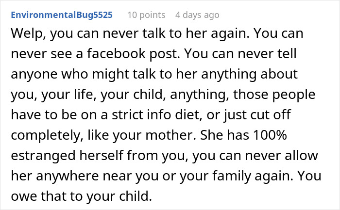 Screenshot of a Reddit comment discussing strict postpartum boundaries and estrangement from a mother to protect family.