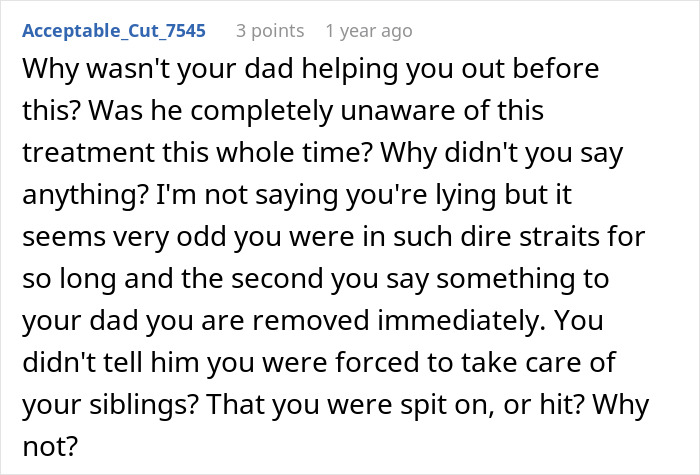 Comment discussing lack of support from dad and harsh treatment endured by teen in a troubled family situation.