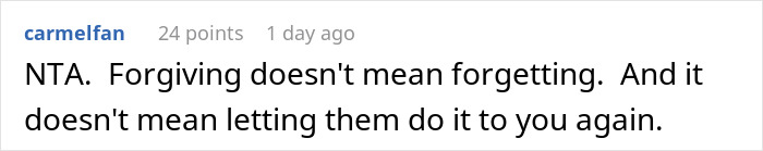 Comment discussing forgiveness and boundaries, highlighting the impact of parents' favoritism on family dynamics and behavior.