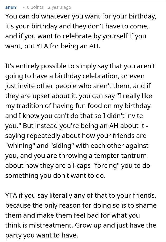 Woman tired of friend&rsquo;s strict diet enforcing rules during birthday celebration, causing conflict and frustration among friends