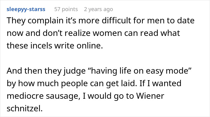 Screenshot of a user comment discussing challenges in dating and insights from women reading incel forums.