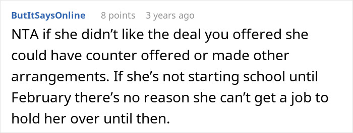 Comment on a thread about a woman refusing to house her sister after she won't babysit or clean, discussing arrangements.