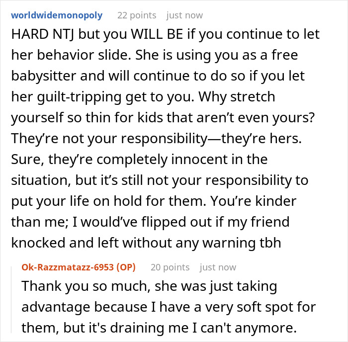 Reddit comments discussing an entitled mom expecting a childfree bestie to babysit and feed her kids for free, bestie refuses.