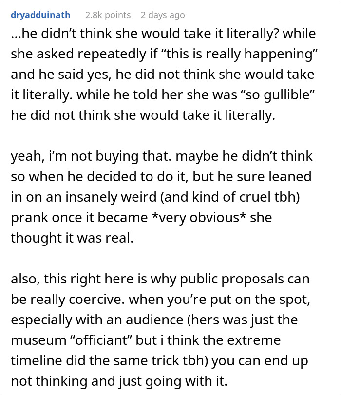 Comment discussing the boyfriend fake proposal at a love museum and its emotional impact on the girl involved.
