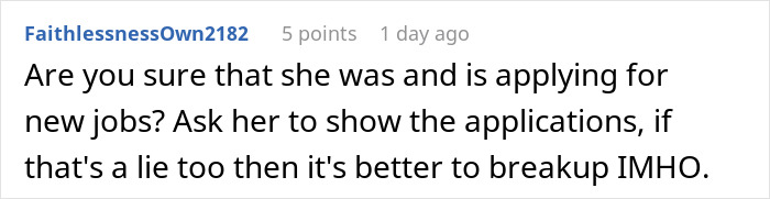 Reddit comment discussing suspicion about a girlfriend quitting her job while pretending to work, raising relationship concerns.