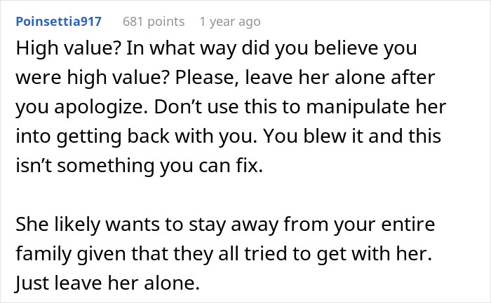 Screenshot of an online comment discussing male relatives and friends ruining a guy&rsquo;s marriage to get with his ex-wife.
