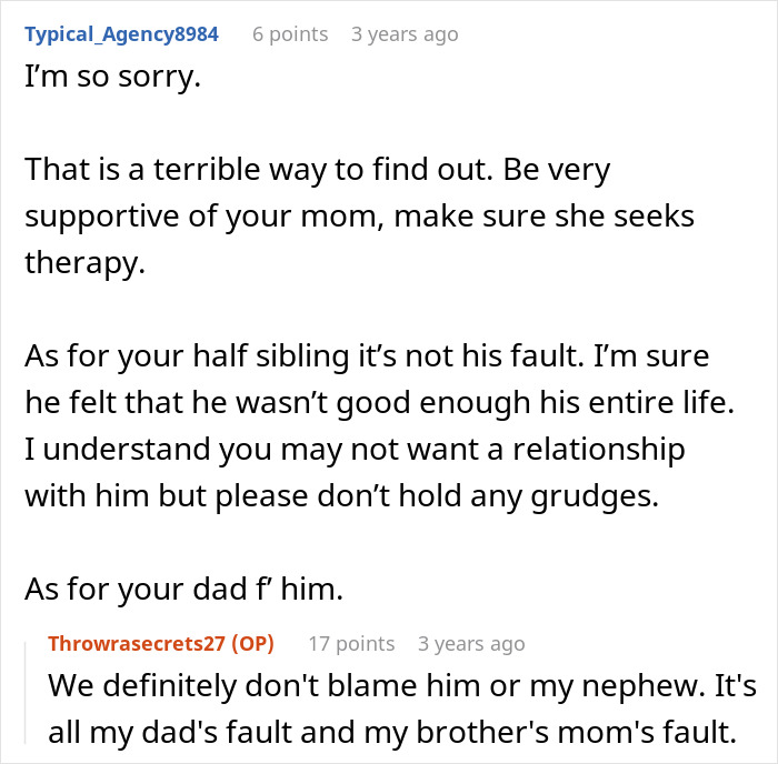 Comment thread discussing a woman learning her father had a secret son, causing family conflict and emotional support advice.