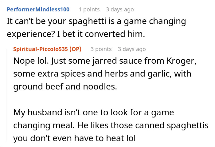 Screenshot of an online conversation where a woman defends her pasta choice, hinting at conflict with mother-in-law over knowing husband better.