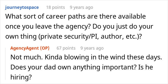 Reddit conversation featuring a former CIA case officer answering career path questions in an ask me anything session.