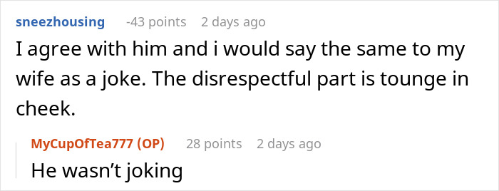Screenshot of a Reddit conversation about a woman bringing leftovers to support her boyfriend in mourning and the food being called inedible.