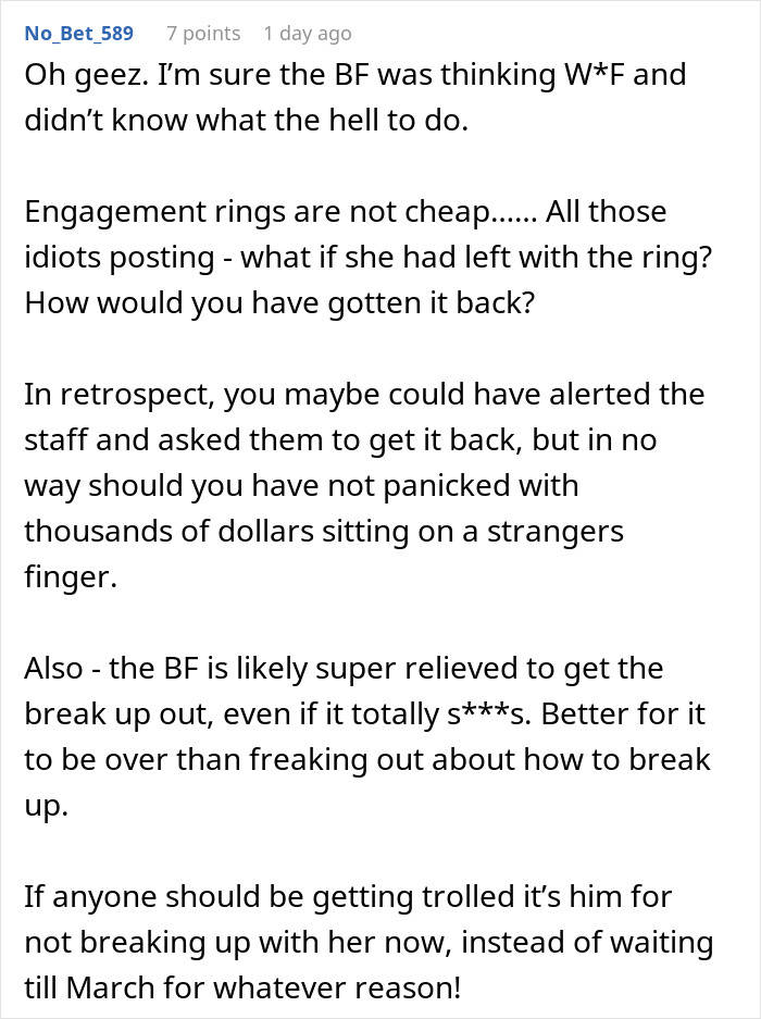 Comment discussing a guy’s planned proposal going awry when his engagement ring ends up in another woman’s dessert.