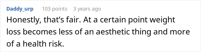Comment about husband struggling to accept wife&rsquo;s weight gain discussing weight loss as a health risk, not just aesthetics.