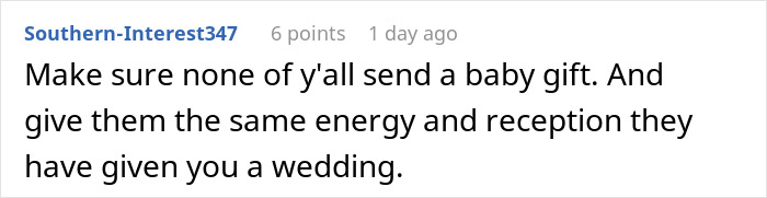 Comment discussing drama caused by groom&rsquo;s brother at wedding and hosting a baby shower on the same day.