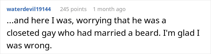 Screenshot of a Reddit comment discussing a woman marrying her high school bestie and unexpectedly falling for his cheeky surprises.