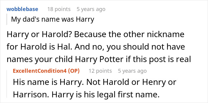 Screenshot of a forum discussion about naming son Harry Potter, debating the legitimacy of the name Harry versus Harold.