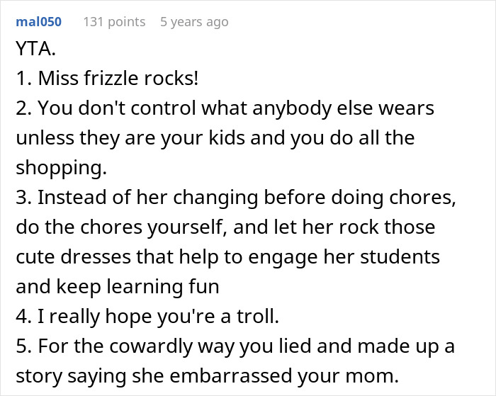 Screenshot of online comment giving a brutal reality check to man upset his girlfriend dresses like Ms. Frizzle.