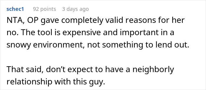 Comment discussing a woman refusing to lend her new snow blower to an unfamiliar neighbor in a snowy environment.