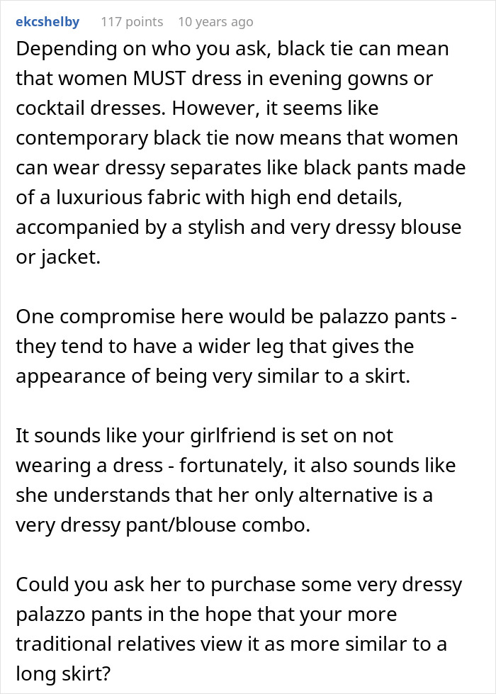 Alt text:
Man struggles with girlfriend refusing to wear dresses, exploring dress alternatives for formal events like weddings.