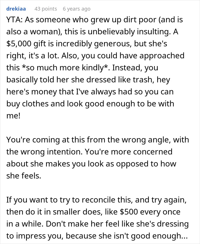 Comment discussing embarrassment over girlfriend&rsquo;s style and its impact on childhood trauma and relationship feelings.