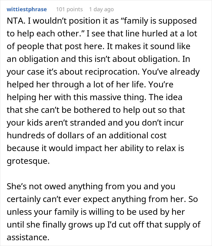 Screenshot of a Reddit comment discussing a woman who asks for favors but doesn&rsquo;t reciprocate family help.