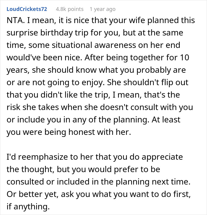 Comment discussing a husband&rsquo;s surprise birthday trip involving toddlers, a tiny cabin, and a 5K run plans.