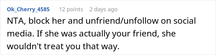 Screenshot of a social media comment advising to block and unfriend a toxic friend as a best friend backup plan hurt.