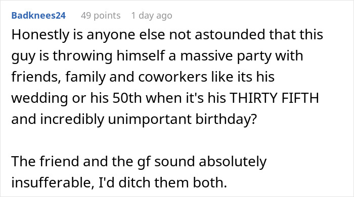 Screenshot of an online comment discussing a guy's party and tension between his girlfriend and best friend's girlfriend.