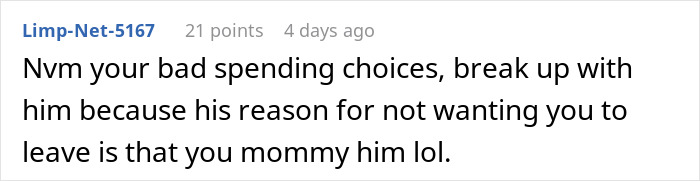 Comment about bad spending choices and breakup after boyfriend gives girlfriend a year to fix finances before marriage.