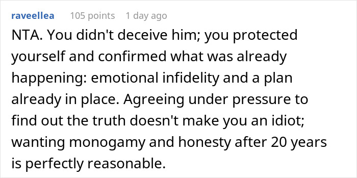 User comment discussing emotional infidelity after 20 years, exploring honesty and monogamy in marriage conflicts.