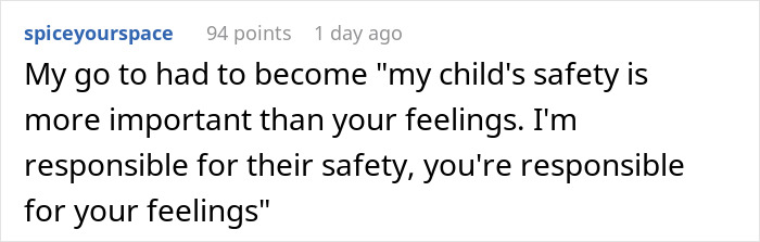 Text post from a social media user sharing a quote about prioritizing child safety despite a rude mother during family dinner.