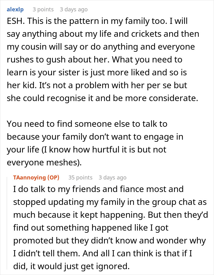 Text conversation about family dynamics where the mom keeps bringing up her kids, preventing sister from talking freely.