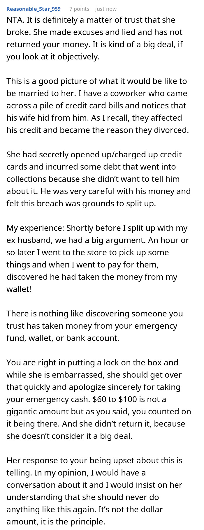 Screenshot of a Reddit comment discussing trust issues after boyfriend locks money box and girlfriend feels like a thief.