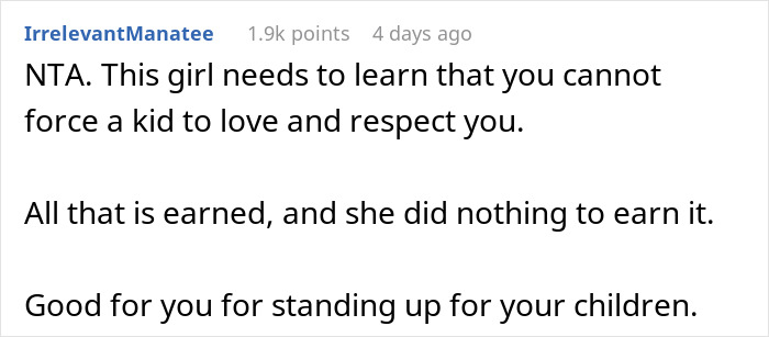 Comment discussing how a mistress tries to play mom for boyfriend's kids but fails to earn their love and respect.
