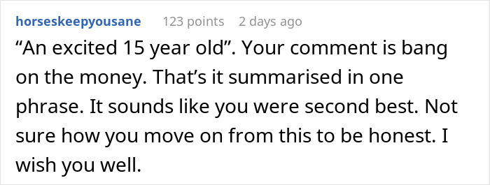 Screenshot of a Reddit comment discussing feelings related to a married man texting a woman he loved 15 years ago.