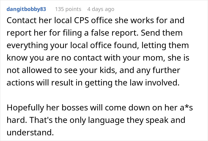Screenshot of Reddit comment advising to contact CPS about false reports and enforce postpartum boundaries with legal action.