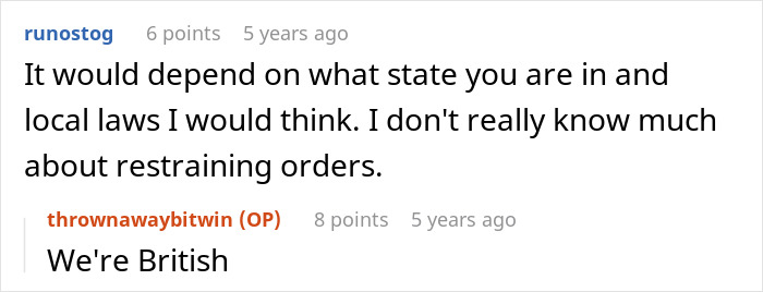 Screenshot of a Reddit conversation discussing restraining orders and mentioning British nationality in text format.